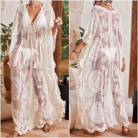 Boho Floral Embroidered Lace Beach Swim Cover up - Picture 3 of 5